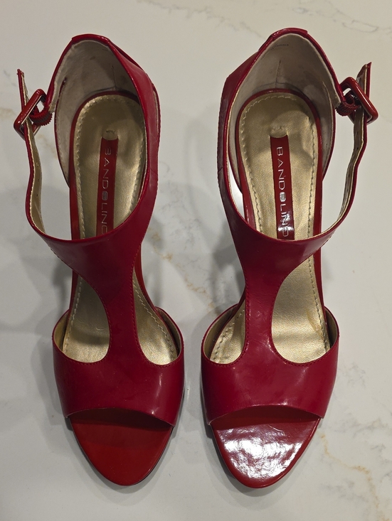 Bandolino Shoes - Bandolino Red Patent T-Strap Open-Toe Heels with Ankle Buckle